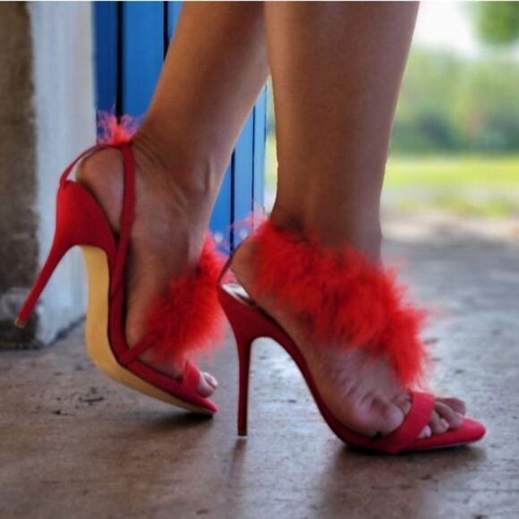 Red Feathered Fringe Open Toe Single Sole Heels - Picture 4 of 9
